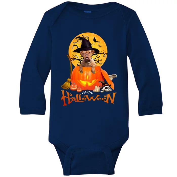 Funny Bordeaux Dog Spooky Halloween Baby Long Sleeve Bodysuit