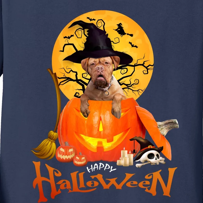 Funny Bordeaux Dog Spooky Halloween Kids Long Sleeve Shirt