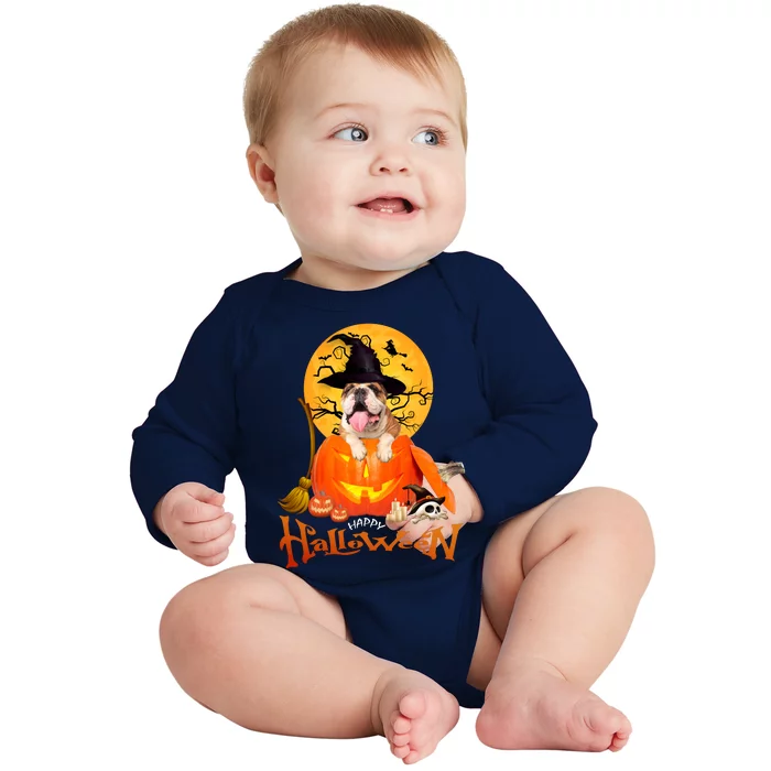 Funny Bulldog Dog Spooky Halloween Baby Long Sleeve Bodysuit