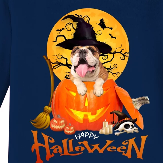 Funny Bulldog Dog Spooky Halloween Baby Long Sleeve Bodysuit