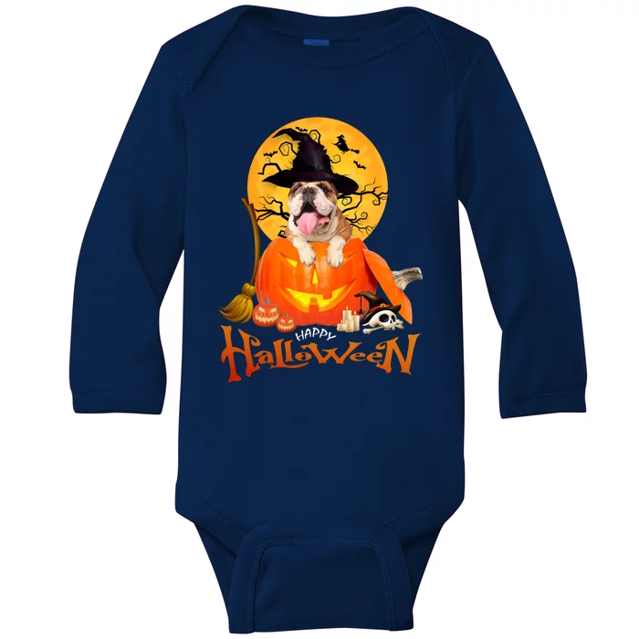 Funny Bulldog Dog Spooky Halloween Baby Long Sleeve Bodysuit