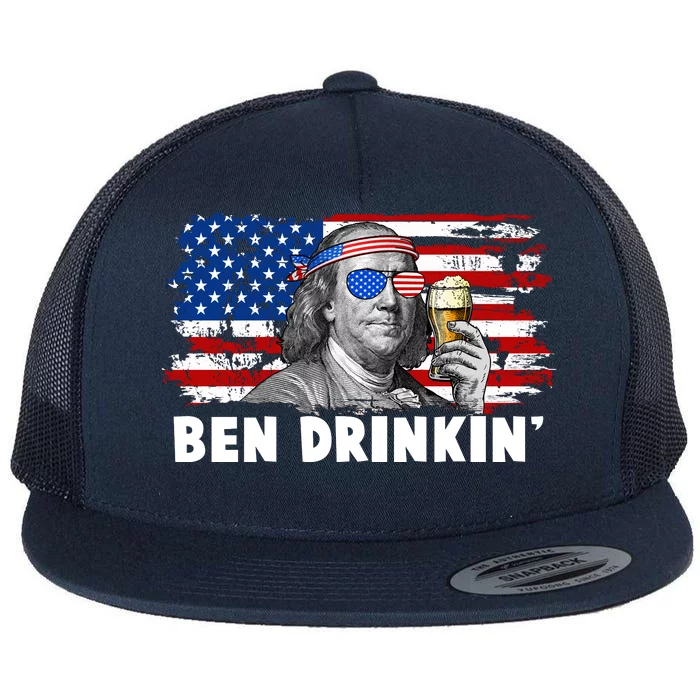 Funny Ben Drinkin USA American Flag Flat Bill Trucker Hat