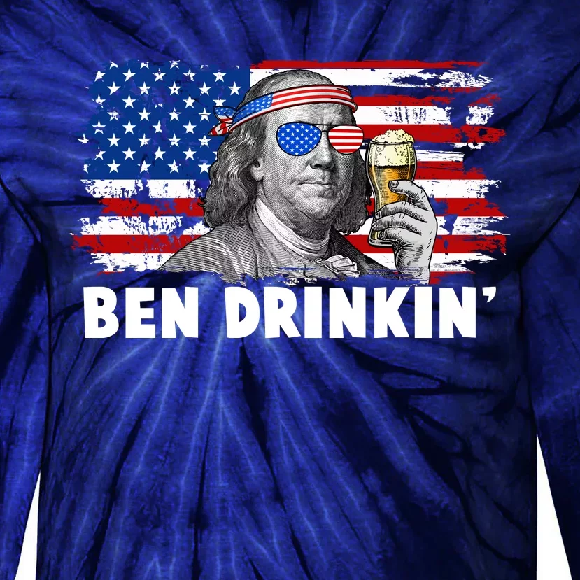 Funny Ben Drinkin USA American Flag Tie-Dye Long Sleeve Shirt