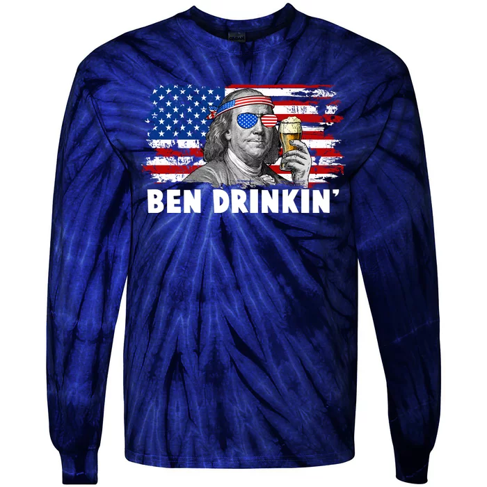 Funny Ben Drinkin USA American Flag Tie-Dye Long Sleeve Shirt