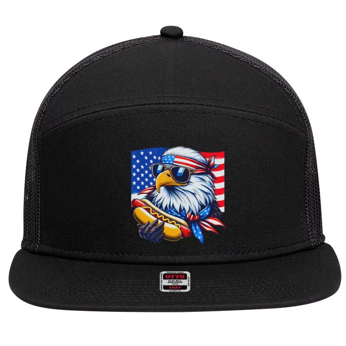 Funny Bald Eagle Hotdog American Flag 4th Of July Patriotic 7 Panel Mesh Trucker Snapback Hat