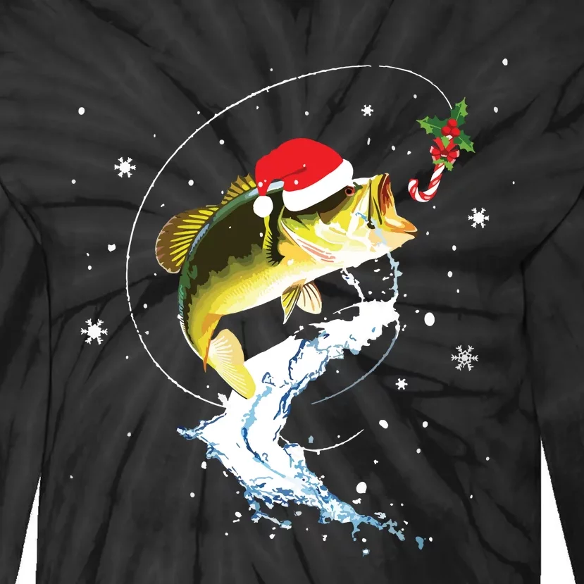 Funny Bass Fishing Santa Hat Christmas Pajama Fishermen Fish Tie-Dye Long Sleeve Shirt