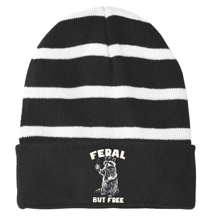 Feral But Free Funny Raccoon Striped Beanie with Solid Band