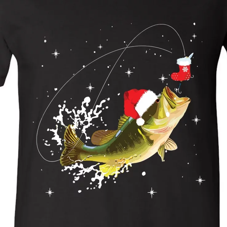 Funny Bass Fishing Santa Hat Christmas Pajama Fishermen Gift V-Neck T-Shirt