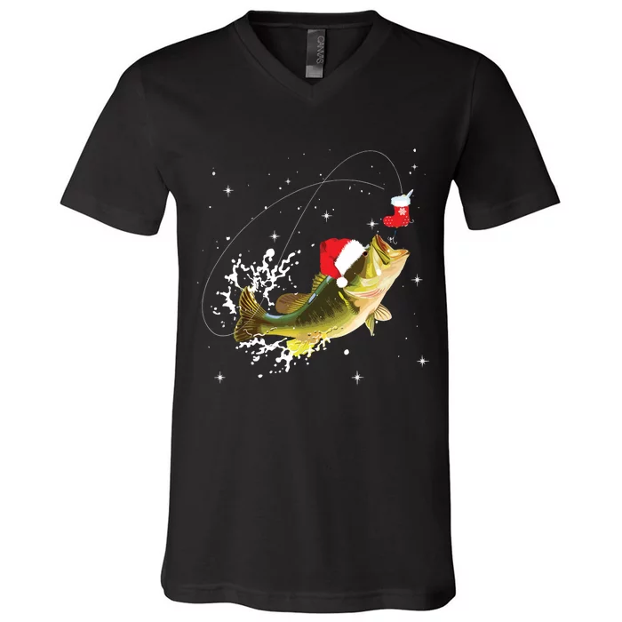 Funny Bass Fishing Santa Hat Christmas Pajama Fishermen Gift V-Neck T-Shirt