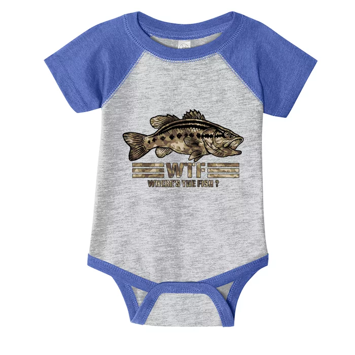 Funny Bass Fishing Camo Wtf Wheres The Fish Gift Infant Baby Jersey Bodysuit