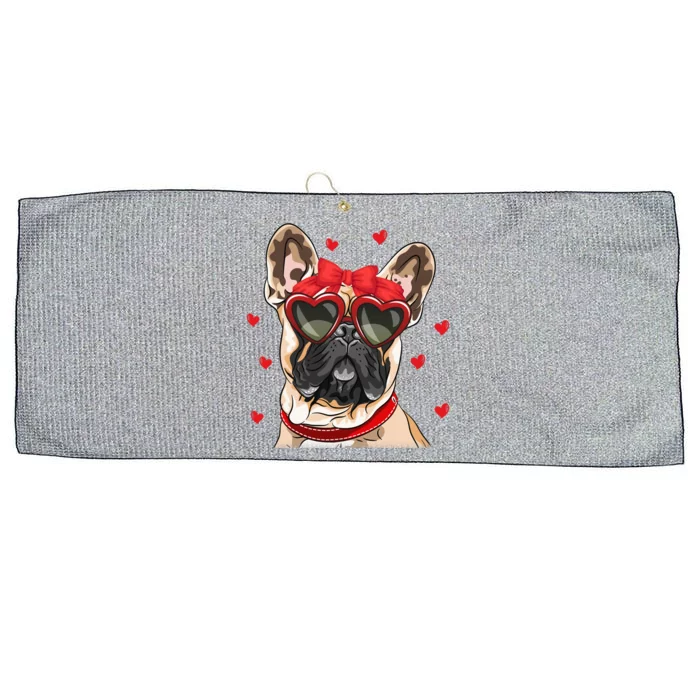 French Bulldog Face Heart Glasses Valentines Day Cute Animal Cool Gift Large Microfiber Waffle Golf Towel