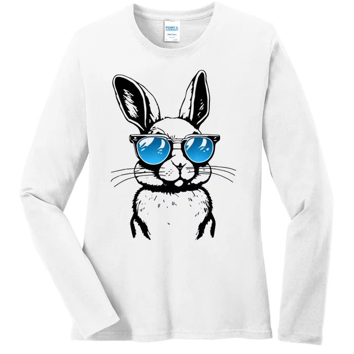 Funny Bunny Face With Sunglasses Men Easter Day Ladies Long Sleeve Shirt