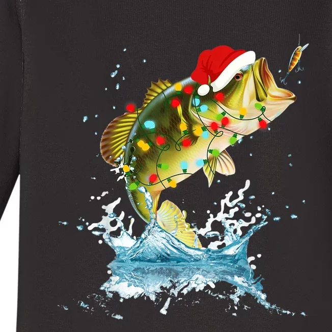 Funny Bass Fishing Santa Hat Christmas Pajama Fishermen Fish Baby Long Sleeve Bodysuit