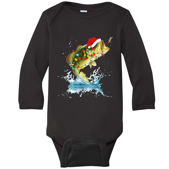 Funny Bass Fishing Santa Hat Christmas Pajama Fishermen Fish Baby Long Sleeve Bodysuit