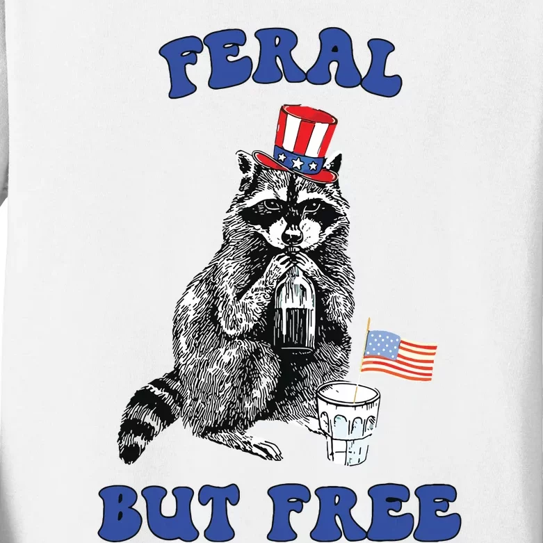 Feral But Free Funny 4th Of July Raccoon Independence Day Kids Long Sleeve Shirt