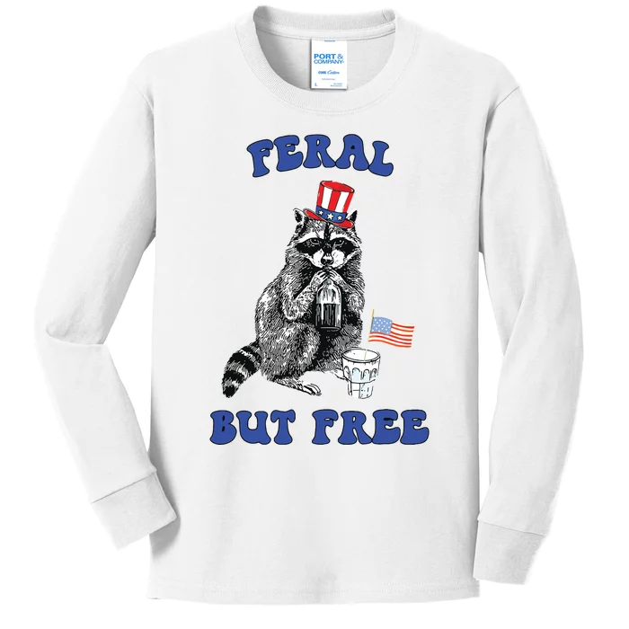 Feral But Free Funny 4th Of July Raccoon Independence Day Kids Long Sleeve Shirt