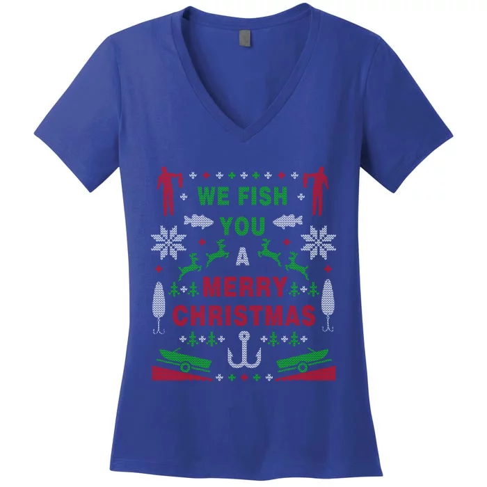 Funny Bass Fishing Ugly Christmas Sweater Party Funny Gift Women's V-Neck T-Shirt