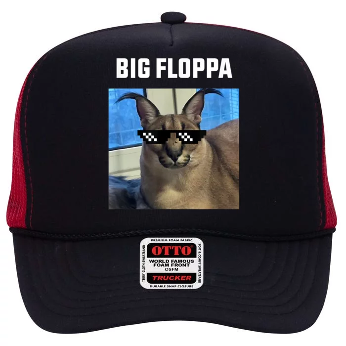 Funny Big Floppa Wearing Meme Sunglasses High Crown Mesh Trucker Hat