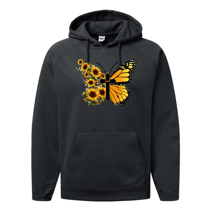 Floral Butterfly Faith Cross Performance Fleece Hoodie