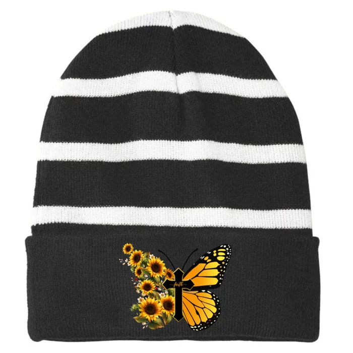 Floral Butterfly Faith Cross Striped Beanie with Solid Band