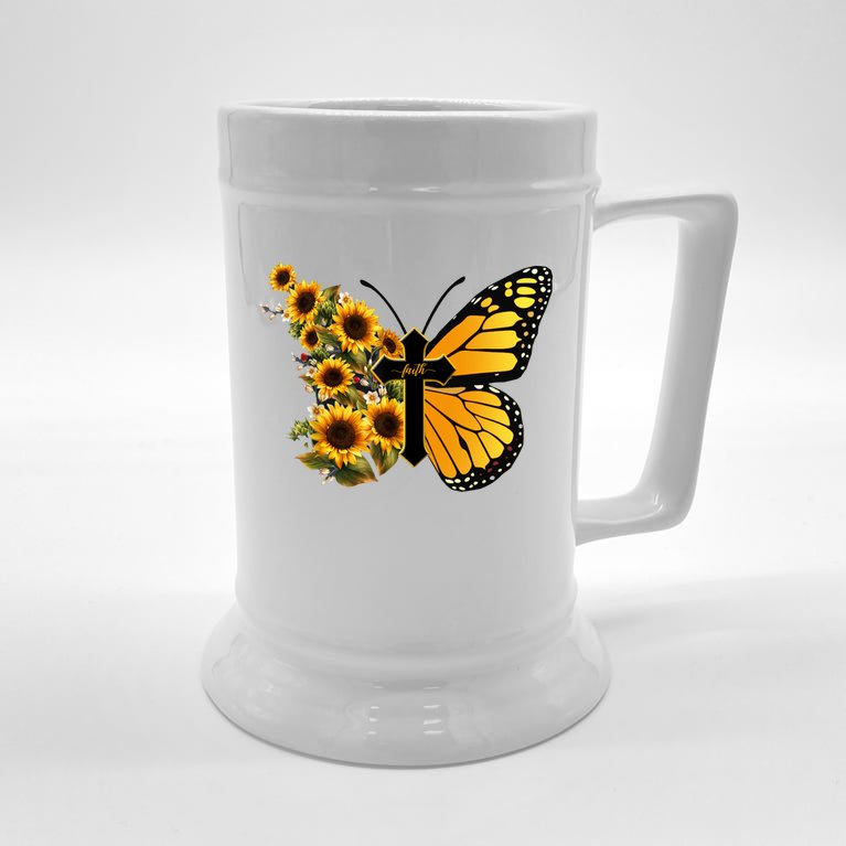 Floral Butterfly Faith Cross Beer Stein