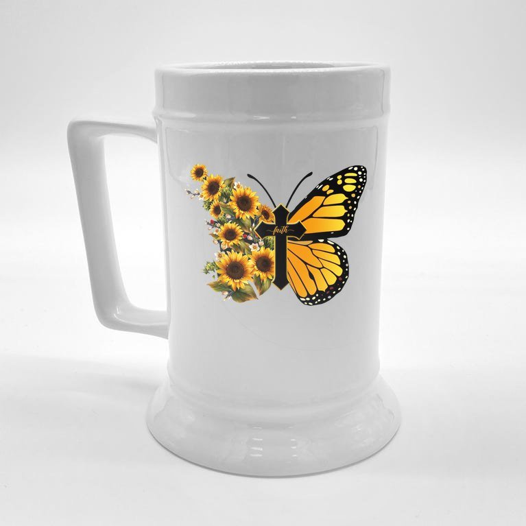 Floral Butterfly Faith Cross Beer Stein
