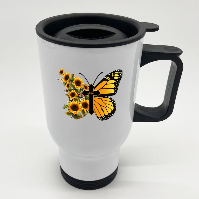 Floral Butterfly Faith Cross Stainless Steel Travel Mug