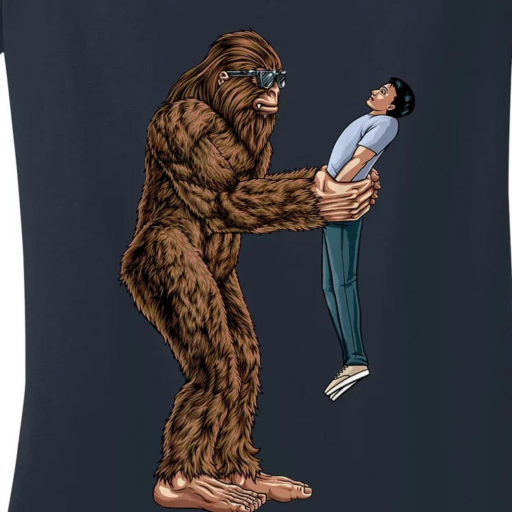 Funny Bigfoot Found A Guy And Picked Him Up Sasquatch Women's V-Neck T-Shirt