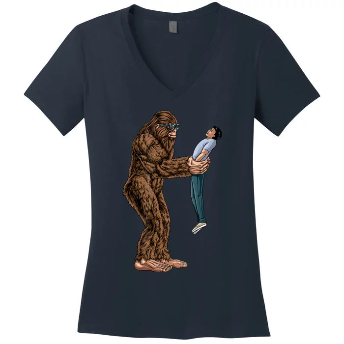 Funny Bigfoot Found A Guy And Picked Him Up Sasquatch Women's V-Neck T-Shirt