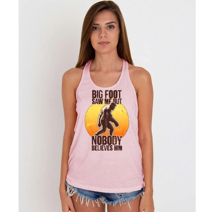 Funny Big Foot Saw Me But Nobody Believes Him Women's Knotted Racerback Tank