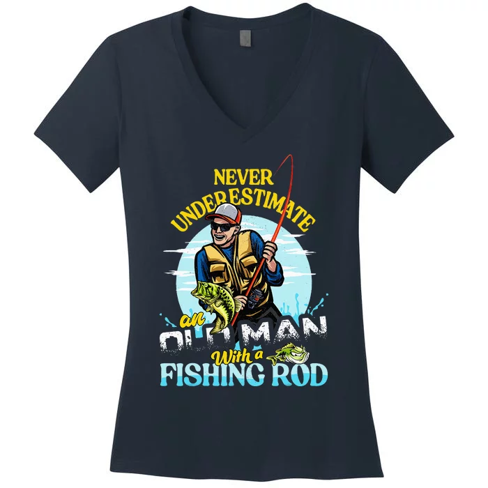 Funny Bass Fishing Birthday Tee Father's Day Old Man Women's V-Neck T-Shirt