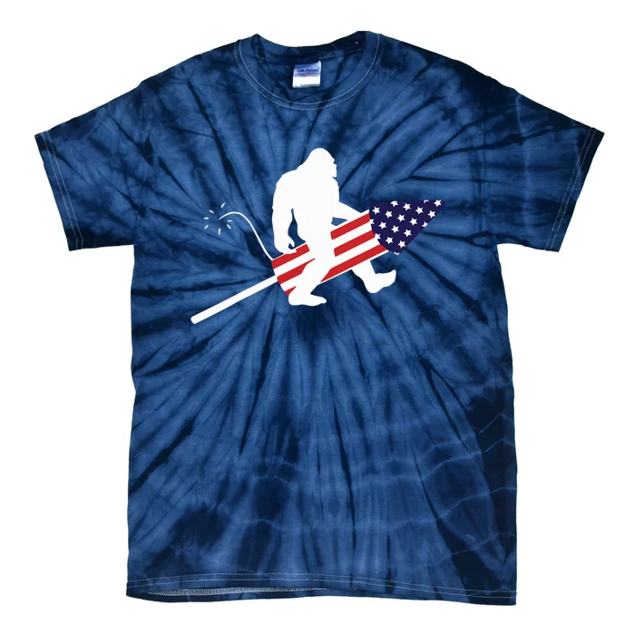 Men  Bigfoot Fireworks 4th of July American Flag US Tie-Dye T-Shirt