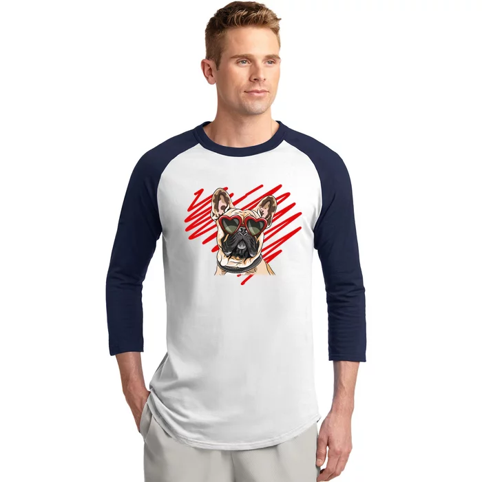 French Bulldog Face Heart Glasses Valentines Day Cute Animal Gift Baseball Sleeve Shirt