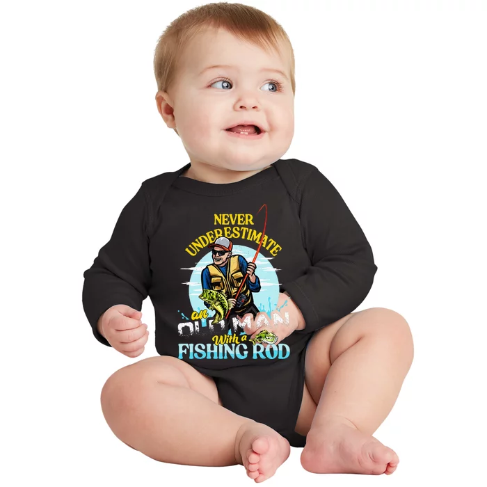 Funny Bass Fishing Birthday Fathers Day Old Man Baby Long Sleeve Bodysuit