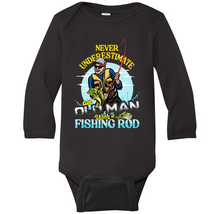 Funny Bass Fishing Birthday Fathers Day Old Man Baby Long Sleeve Bodysuit