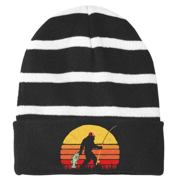 Funny Bigfoot Fishing Retro Striped Beanie with Solid Band