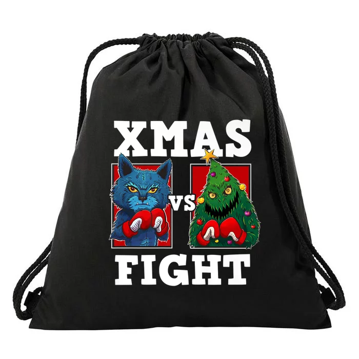 Funny Boxing Funny Cat Vs Christmas Tree Drawstring Bag