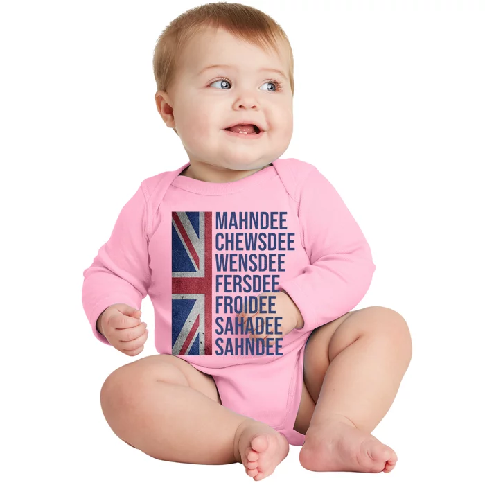 Funny British Flag Cockney Accent Days Of The Week London Baby Long Sleeve Bodysuit