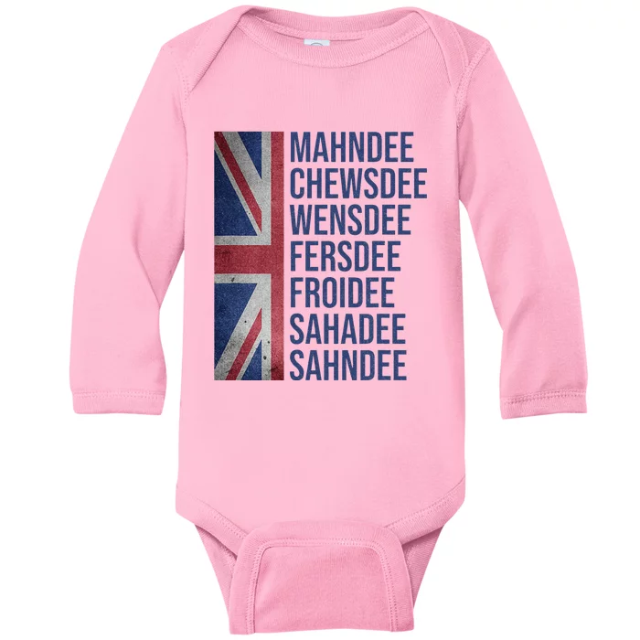 Funny British Flag Cockney Accent Days Of The Week London Baby Long Sleeve Bodysuit