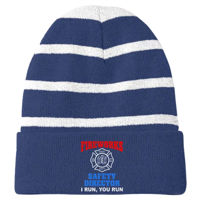 Funny Bang Firecracker Firework Safety Director I Run You Run Striped Beanie with Solid Band