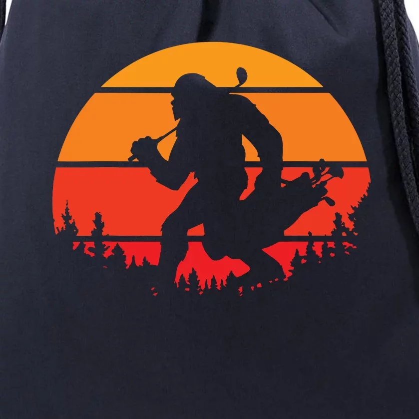 Funny Bigfoot Golf Retro Sasquatch Playing Golf Drawstring Bag