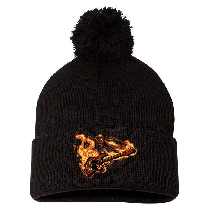 Fire Bass Guitar Rock Musician Pom Pom 12in Knit Beanie