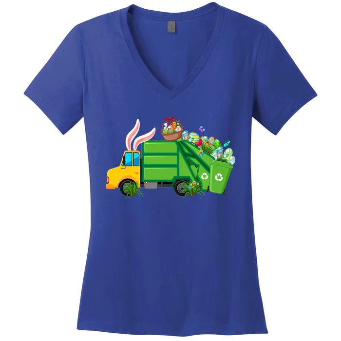 Funny Bunny Garbage Truck Colorful Eggs Easter Day Cute Gift Women's V-Neck T-Shirt