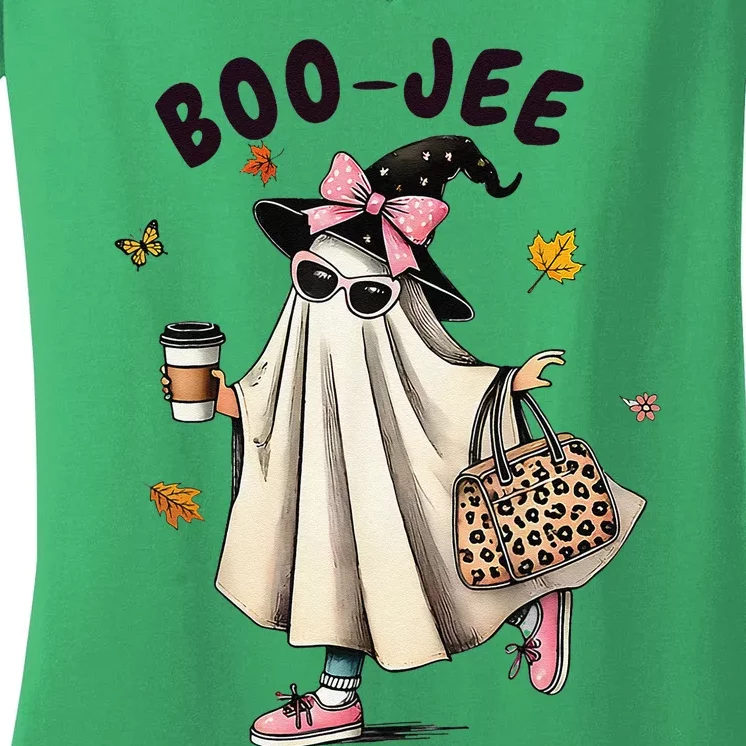 Funny Boojee Ghost Halloween Boo Jee Ghost Spooky Season Gift Women's V-Neck T-Shirt