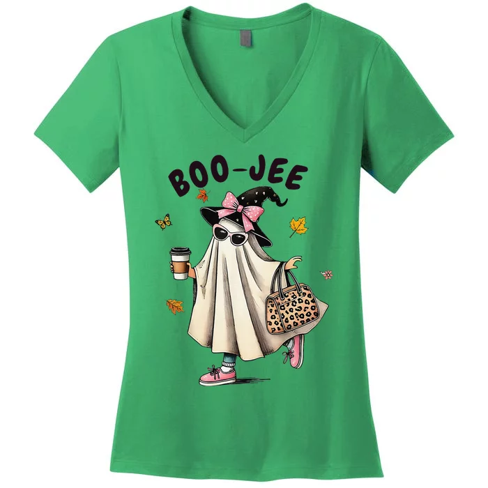 Funny Boojee Ghost Halloween Boo Jee Ghost Spooky Season Gift Women's V-Neck T-Shirt