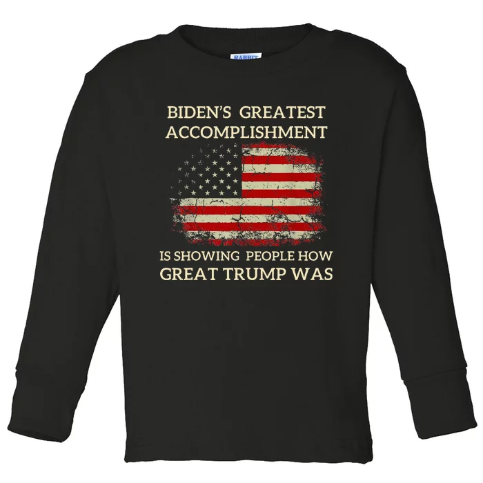 Funny BidenS Greatest Accomplishment Is Showing Trump 2024 Toddler Long Sleeve Shirt