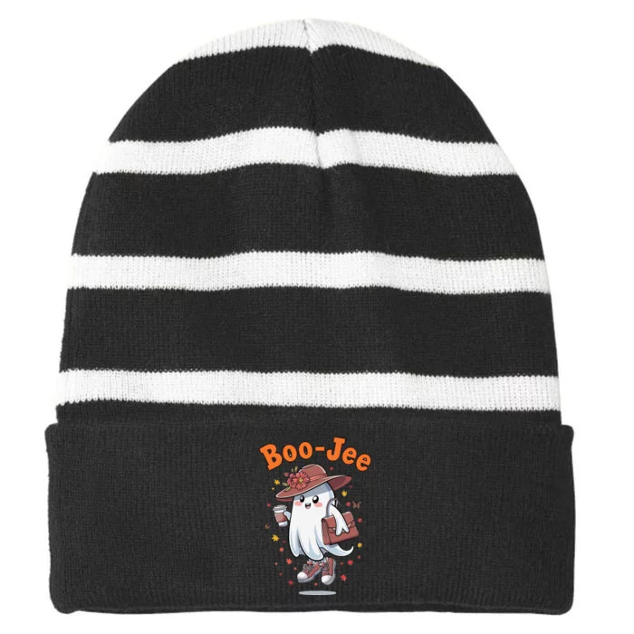 Funny Boojee Ghost Halloween Boo Jee Ghost Spooky Season Striped Beanie with Solid Band