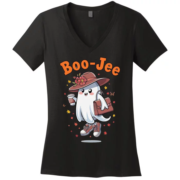 Funny Boojee Ghost Halloween Boo Jee Ghost Spooky Season Women's V-Neck T-Shirt