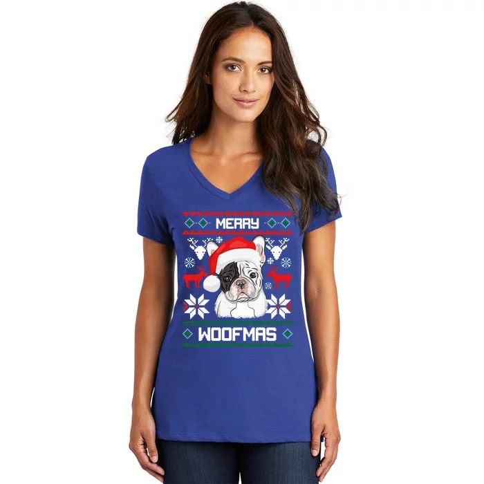 French Bulldog Gift For Merry Christmas Woofmas Frenchie Gift Women's V-Neck T-Shirt