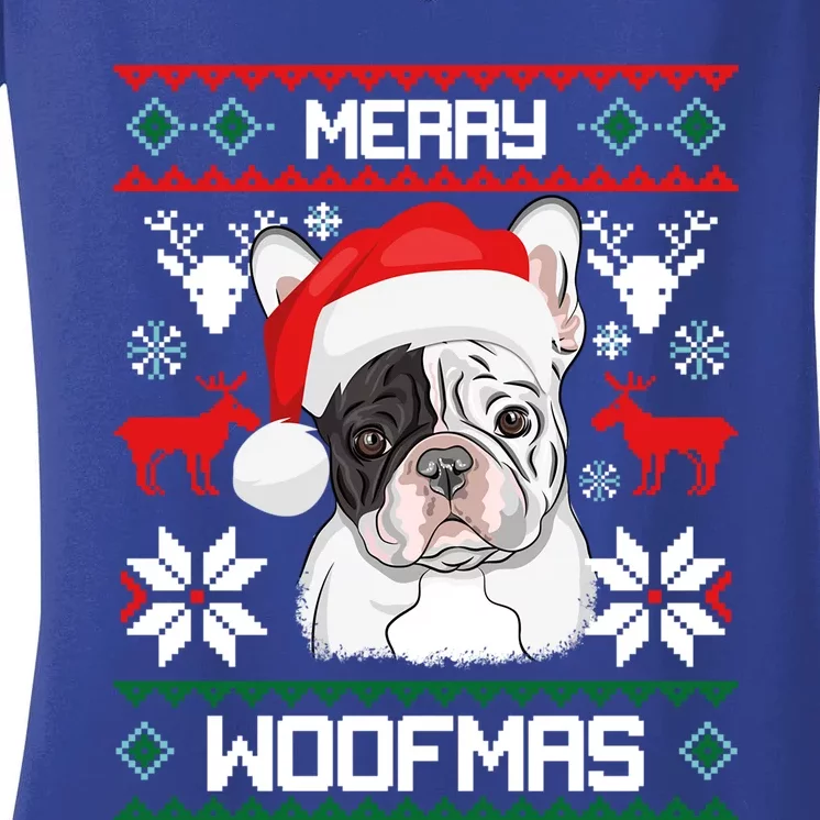 French Bulldog Gift For Merry Christmas Woofmas Frenchie Gift Women's V-Neck T-Shirt